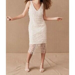 Anthropologie‎ Saylor Rayne Dress XS White Allover Sequin Fringe Midi